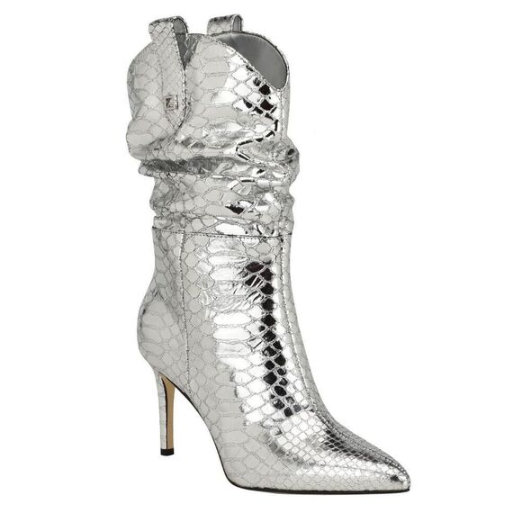 GUESS Boots Size 6 Silver Leather Upper Fashion Boot Stiletto Heel Mid Calf - Picture 1 of 10